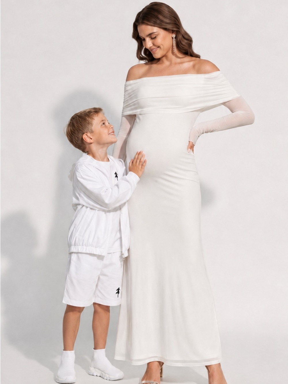 Golden Mini Me™ Elegant Maternity Off-the-Shoulder Maxi Dress-L-XL